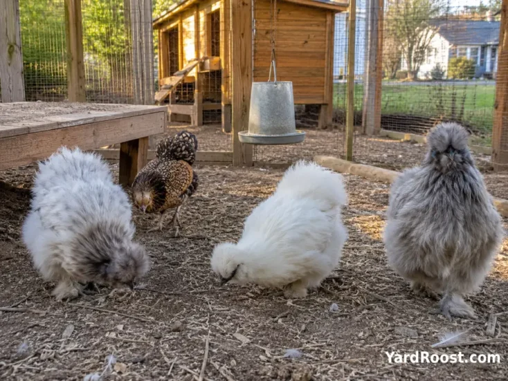Three calm Silkie hens sharing a covered backyard run with one gentle bantam hen.