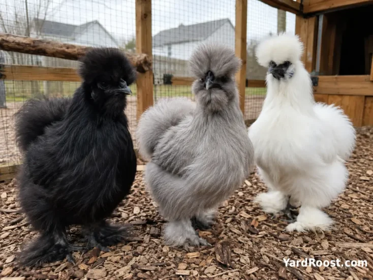 Black, blue, and white Silkie chickens standing together in a clean covered run.