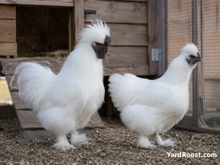 Mature white Silkie rooster and hen standing side by side near a low coop doorway.