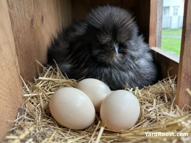 Small cream Silkie eggs in a straw-lined nest box beside a broody hen.