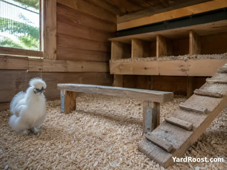 Silkie-friendly coop interior with a low roost, dry bedding, and an easy wooden ramp.