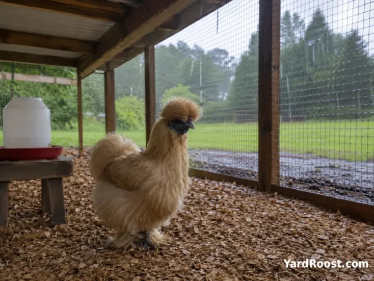 Dry Silkie hen standing under a covered run while rain falls outside the enclosure.