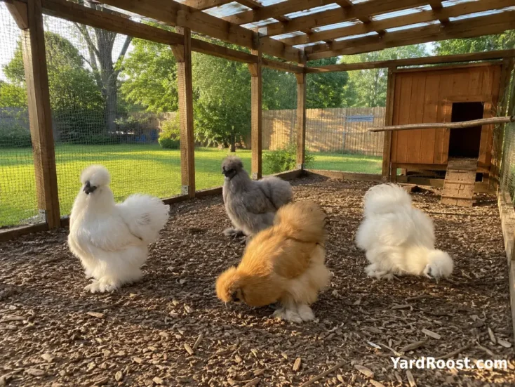 Small group of healthy Silkies relaxing in a dry, secure suburban backyard run.
