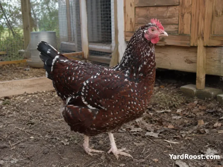 Adult Speckled Sussex hen standing beside a wooden backyard coop.
