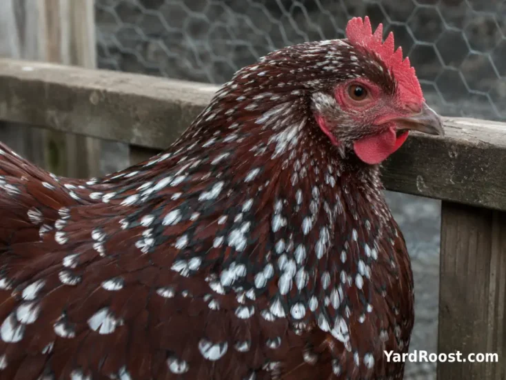 Close view of a Speckled Sussex hen showing mahogany, black, and white feather markings.