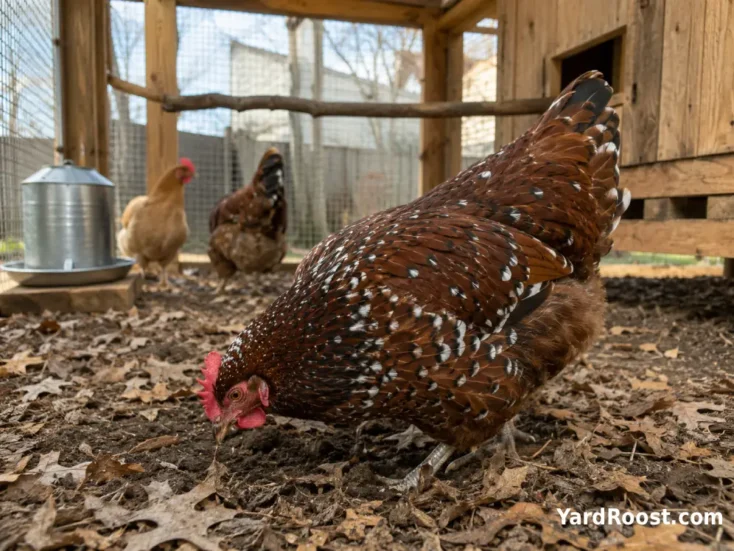 Speckled Sussex hen calmly foraging with two other backyard hens.