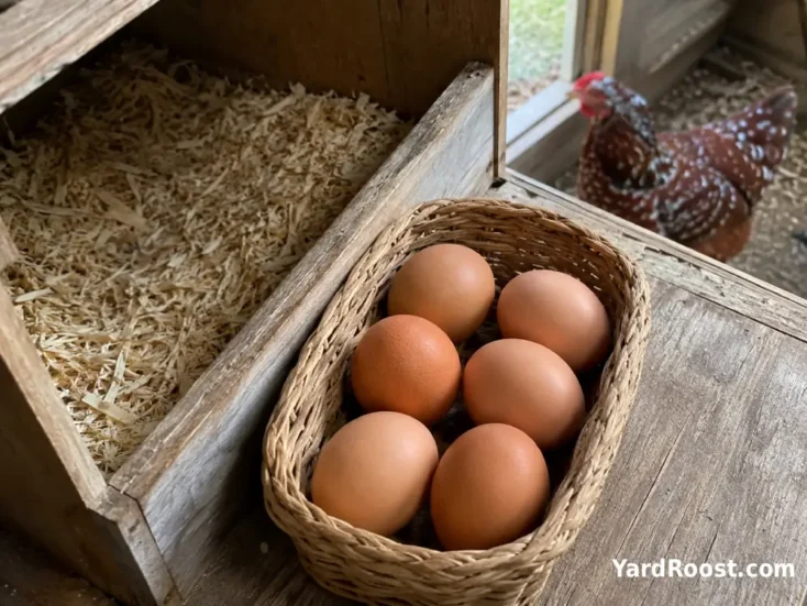 Basket holding several tan and brown Speckled Sussex eggs beside a nest box.