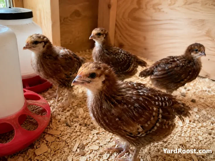 Speckled Sussex chicks resting in a clean brooder with pine shavings.