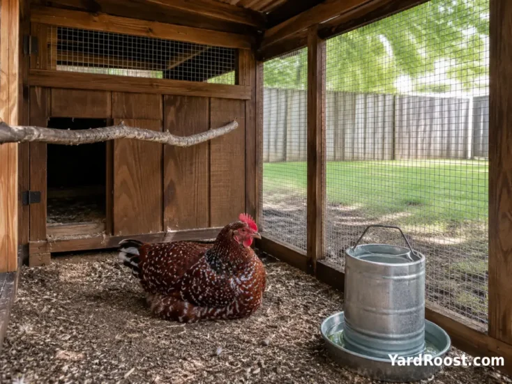 Speckled Sussex hen resting in a shaded, well-ventilated covered chicken run.