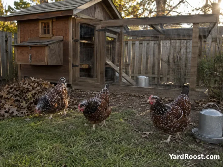 Calm Speckled Sussex hens exploring a tidy suburban backyard chicken run.