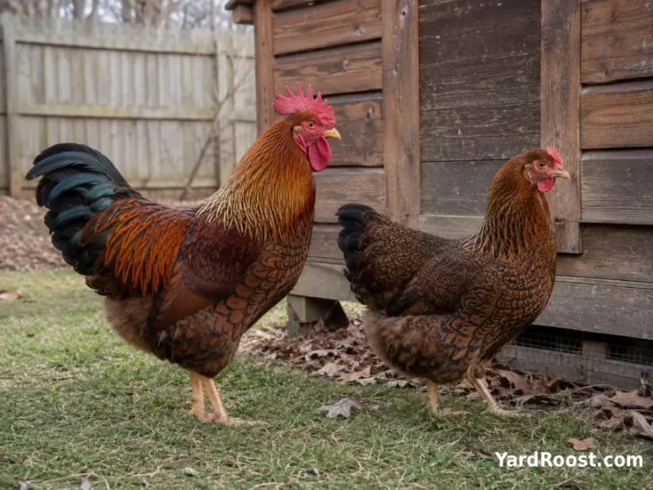 A red partridge Welsummer rooster and hen display their contrasting adult plumage.