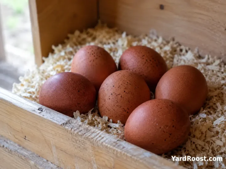 Dark red-brown Welsummer eggs with varied speckles sit in a clean nest box.