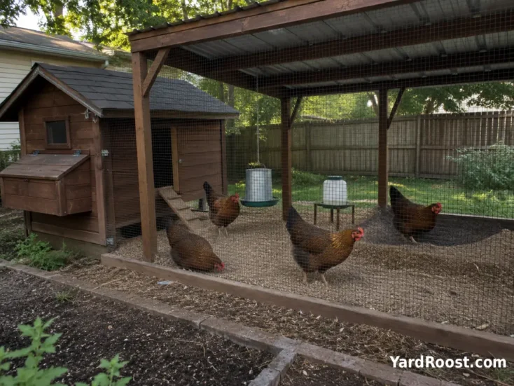 Welsummer hens use a covered run with shade, a feeder, and raised clean water.