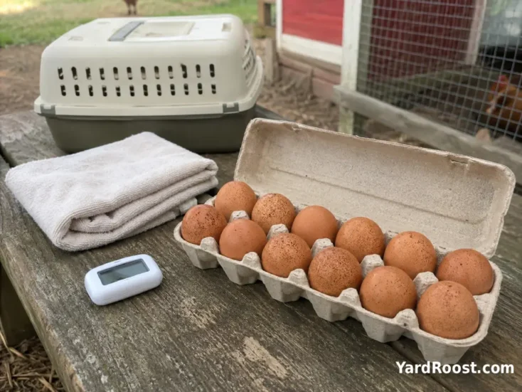 Welsummer hens walk back toward a secure backyard coop in evening light.