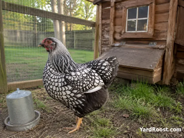 Silver laced Wyandotte hen standing beside a wooden backyard coop.