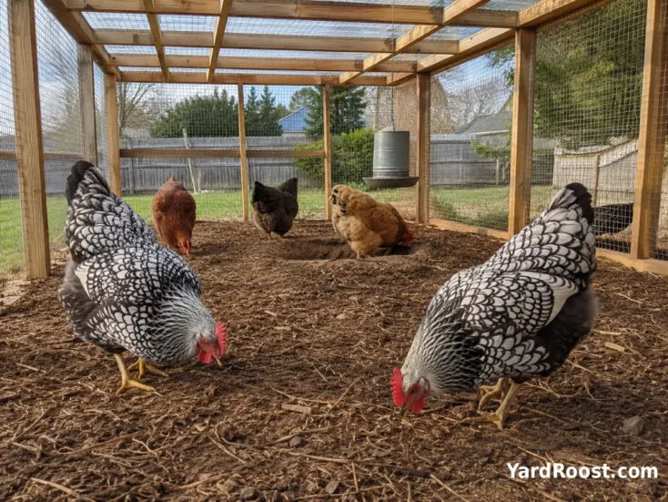 Two Wyandotte hens foraging peacefully with mixed-breed chickens in a covered run.