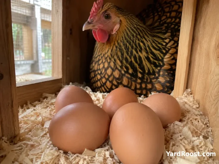 Brown eggs in a clean nest box beside a golden laced Wyandotte hen.