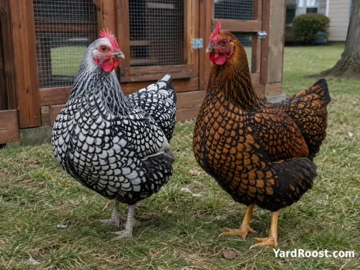 Silver laced and golden laced Wyandotte hens displaying their contrasting feather patterns.