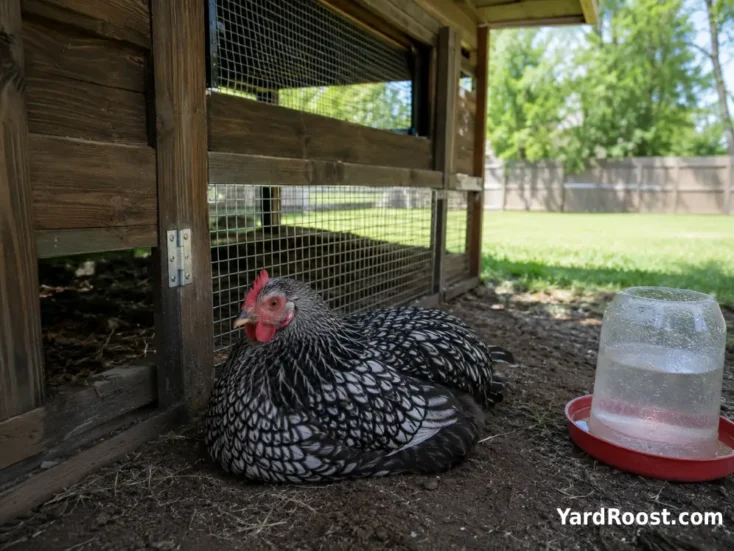 Wyandotte hen resting in shade beside a ventilated covered chicken run.