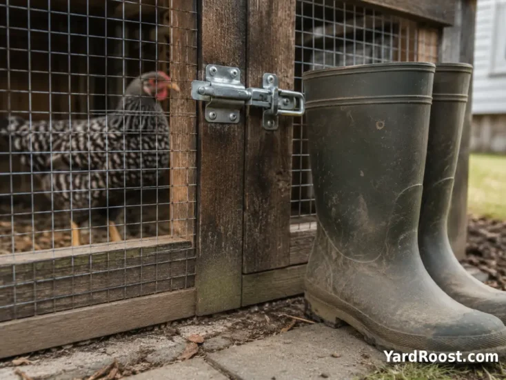Wyandotte hen standing between two separate feeders in a spacious covered run.