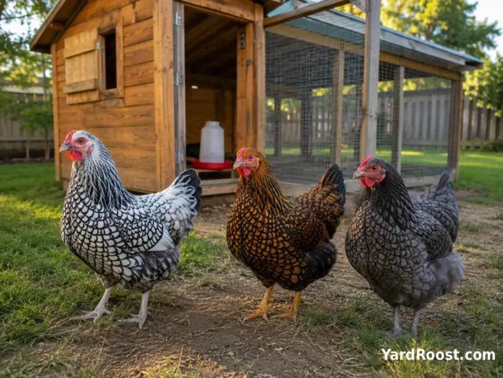 Three healthy Wyandotte hens gathered outside a small suburban backyard coop.