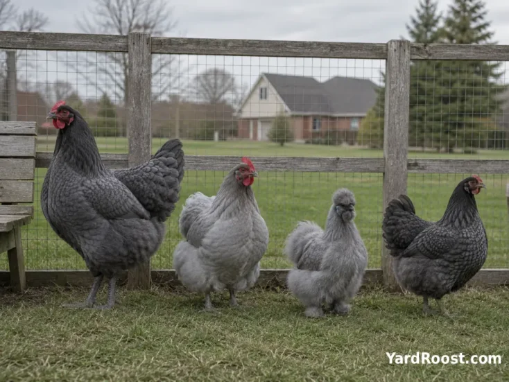 Blue Jersey Giant, Blue Orpington, Blue Silkie, and Blue Copper Marans hens in separate run areas.