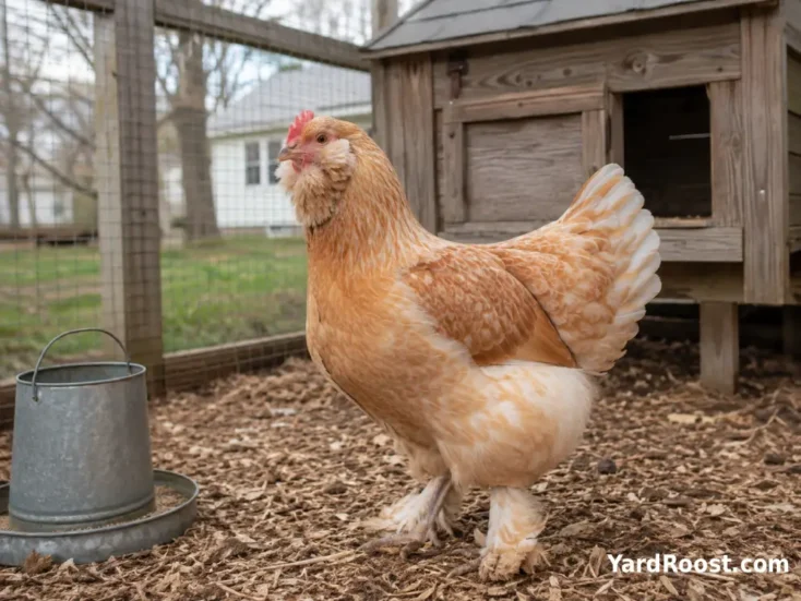 Salmon Faverolle hen standing beside a wooden backyard coop.