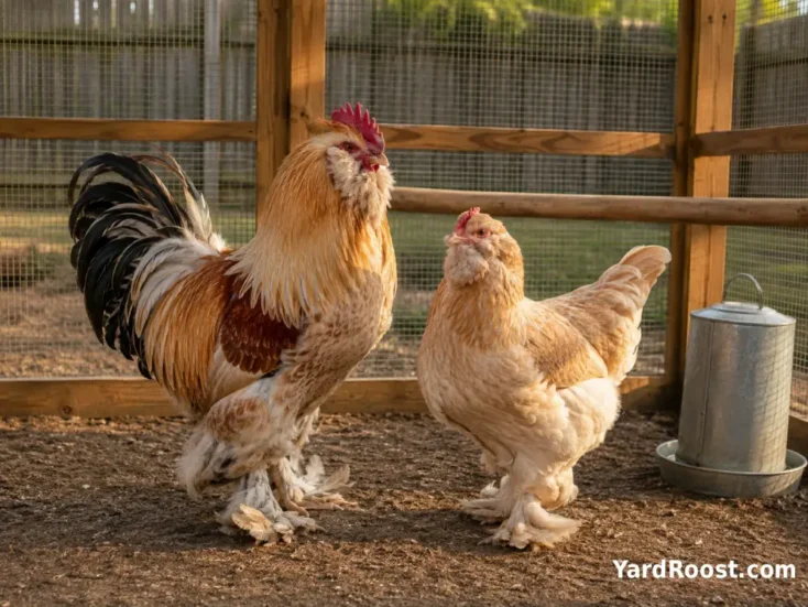Salmon Faverolle rooster and hen displaying different adult plumage.