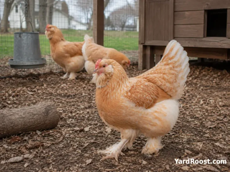Three Salmon Faverolle hens foraging calmly in a covered backyard run.