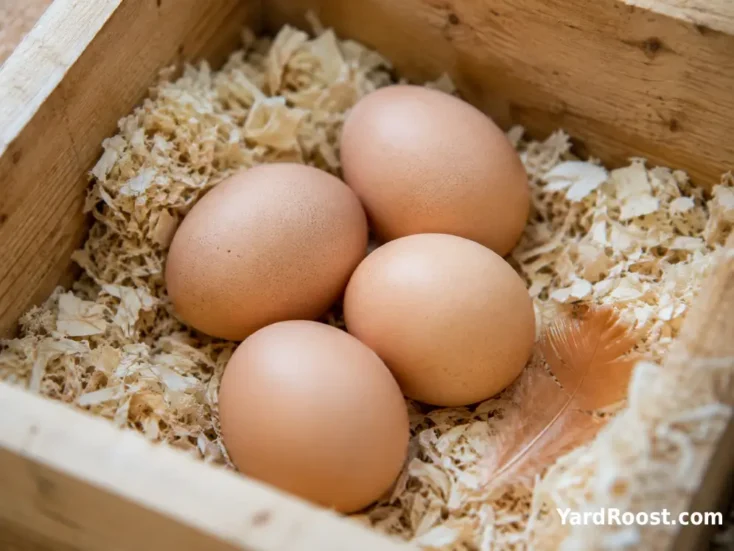 Tinted light-brown Salmon Faverolle eggs in a clean wooden nest box.