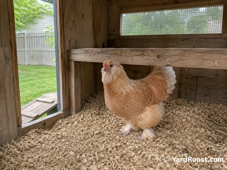 Salmon Faverolle hen on dry bedding inside a ventilated backyard coop.
