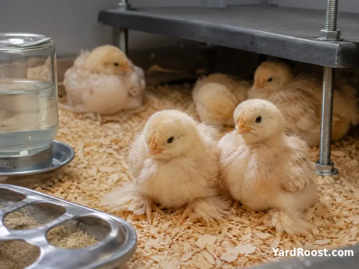 Salmon Faverolle chicks resting beside a brooder plate on dry shavings.