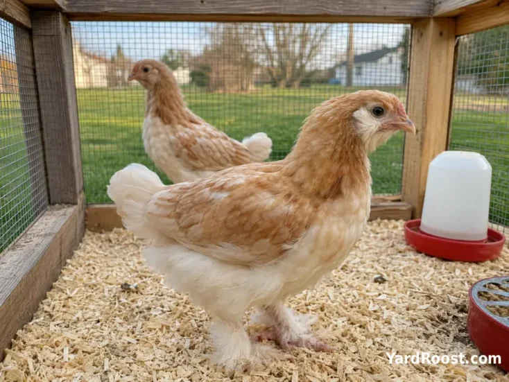 Young Salmon Faverolle pullets housed in a separate quarantine pen.