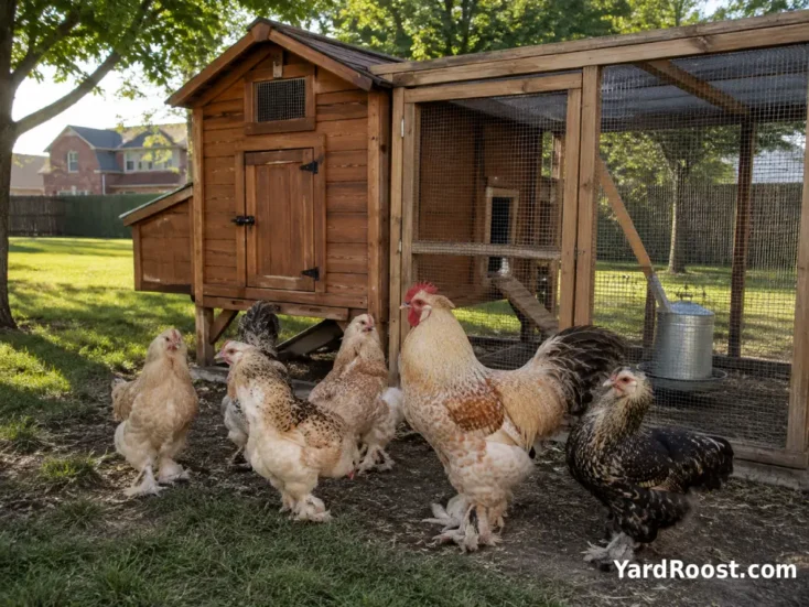 Small Salmon Faverolle flock beside a secure suburban backyard coop.