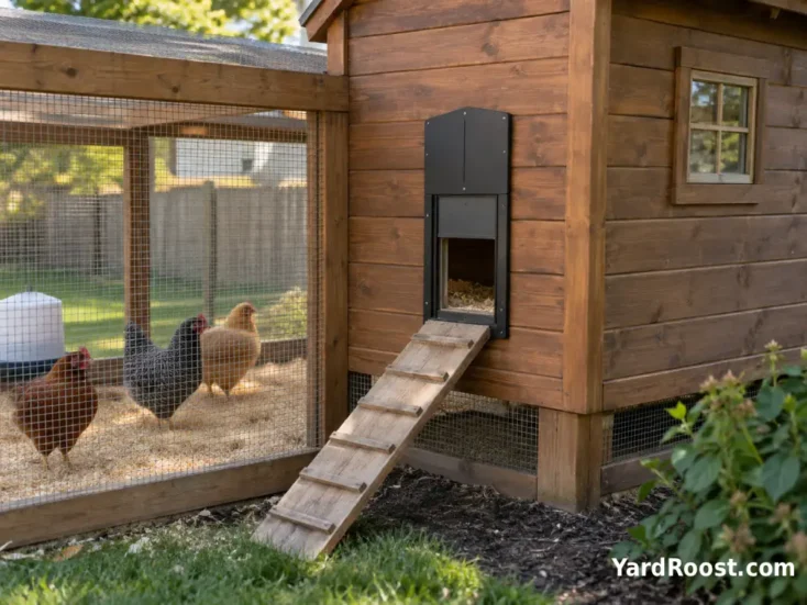 Automatic chicken coop door installed on a small wooden backyard coop.