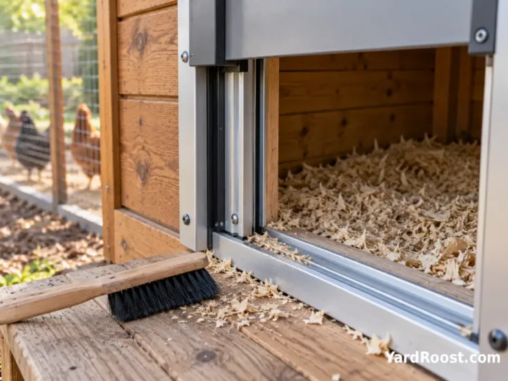 Clean automatic coop door track with a small brush beside it.