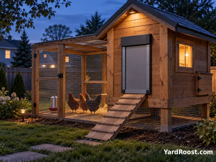 Small backyard chicken coop with automatic door closed at dusk.