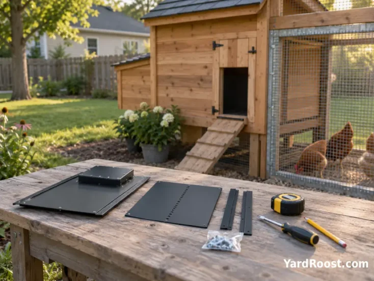 Automatic coop door parts and simple mounting tools beside a coop.