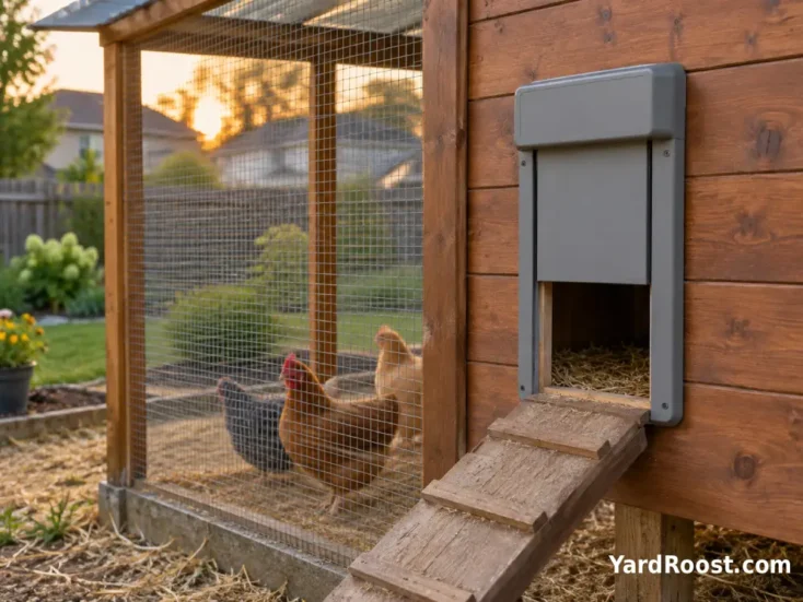 Gray automatic chicken coop door on a wooden coop wall.
