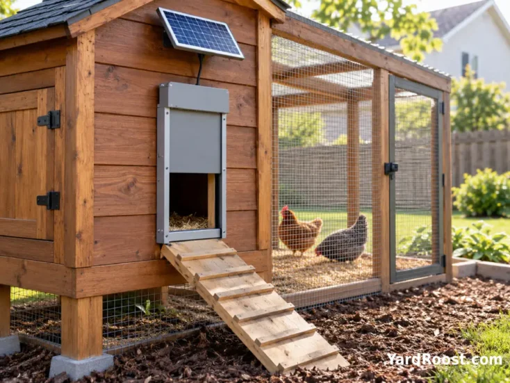 Solar powered chicken coop door mounted on a backyard coop.