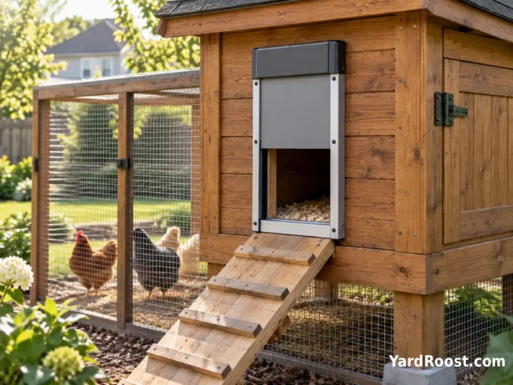 Compact battery powered automatic chicken door on a raised coop.