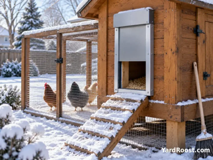 Heavy duty metal automatic chicken door on a winter backyard coop.