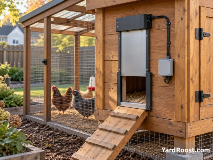 Automatic coop door kit mounted above a sliding metal pop door.