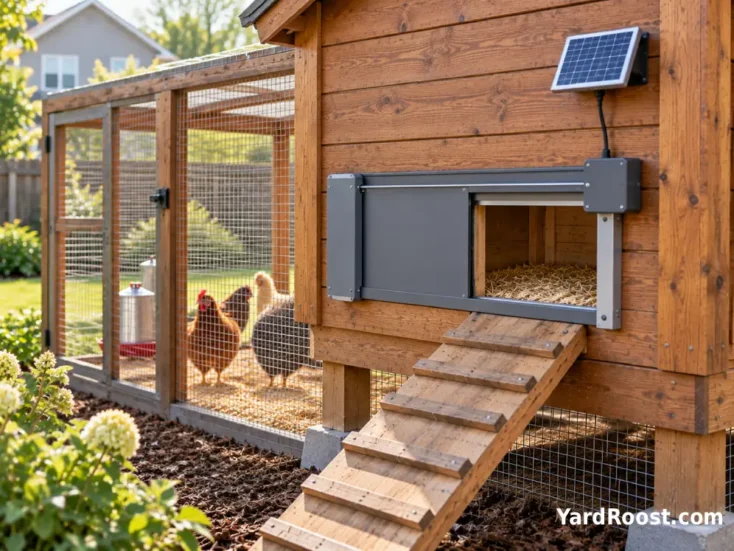 Horizontal automatic chicken door with solar control panel on a coop.