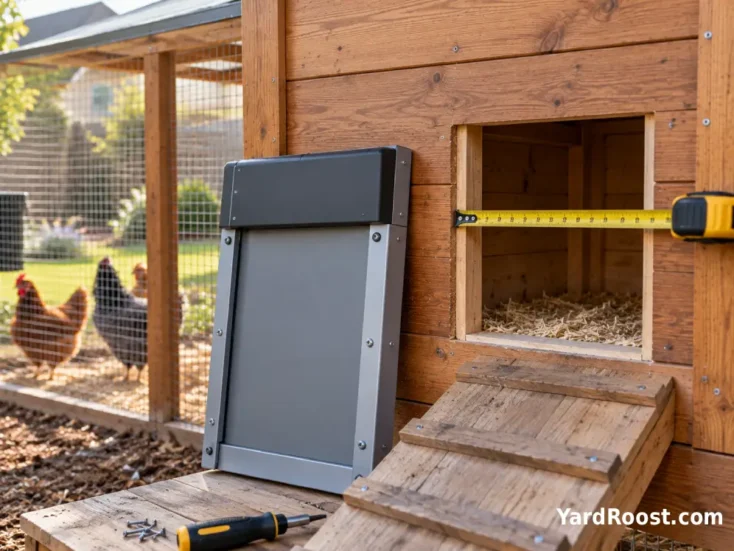 Tape measure checking the pop hole for an automatic chicken door.