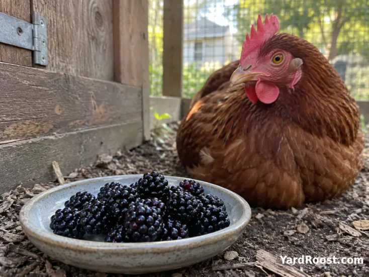 Ripe blackberries beside a hen in a clean backyard chicken run.
