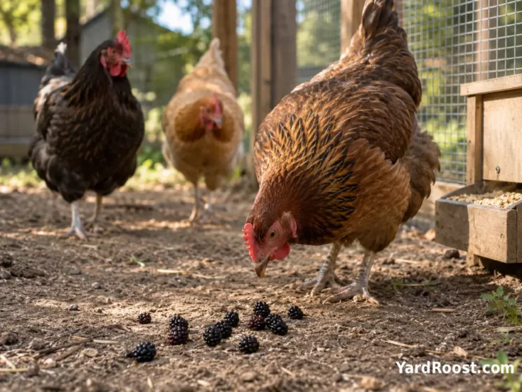 A small serving of whole blackberries scattered for hens in a dry chicken run.