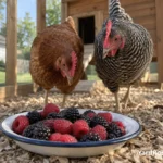 A small mix of ripe blackberries and raspberries offered to backyard hens.