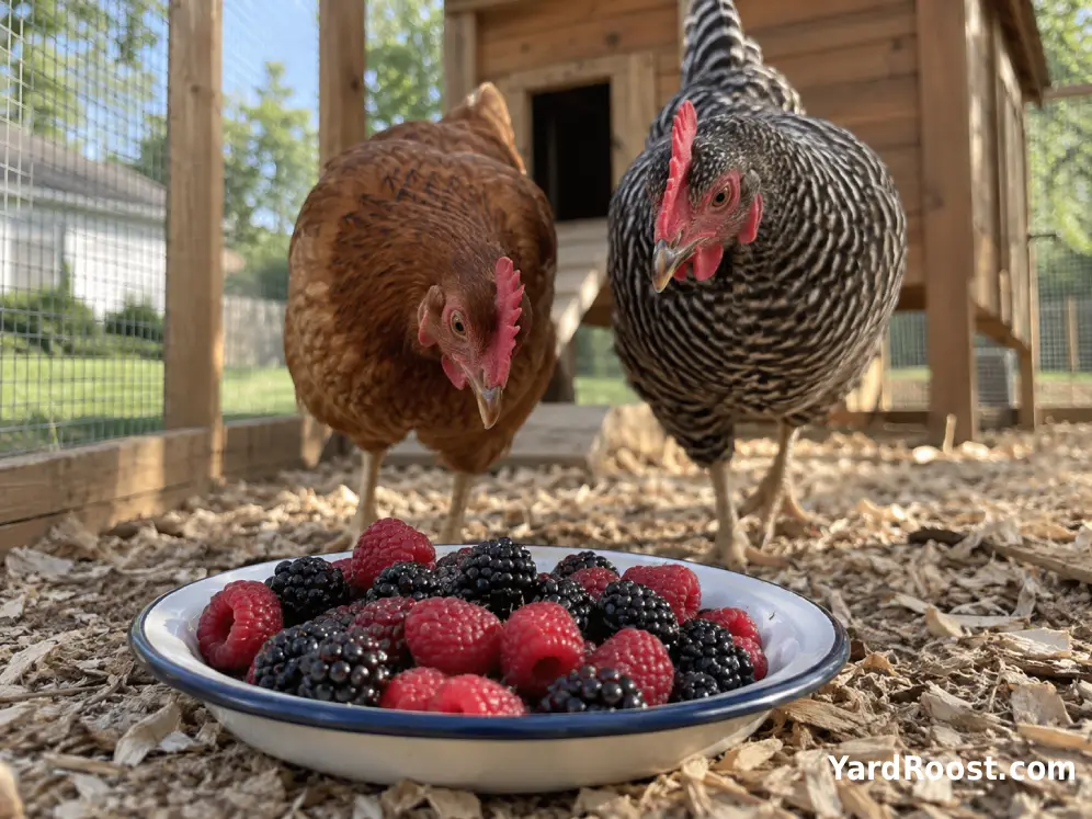 A small mix of ripe blackberries and raspberries offered to backyard hens.