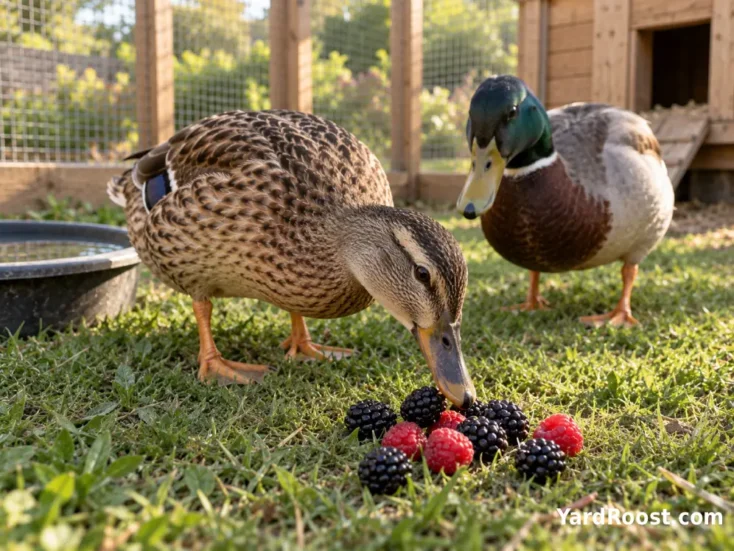 Two domestic ducks beside a few ripe blackberries in a clean backyard pen.